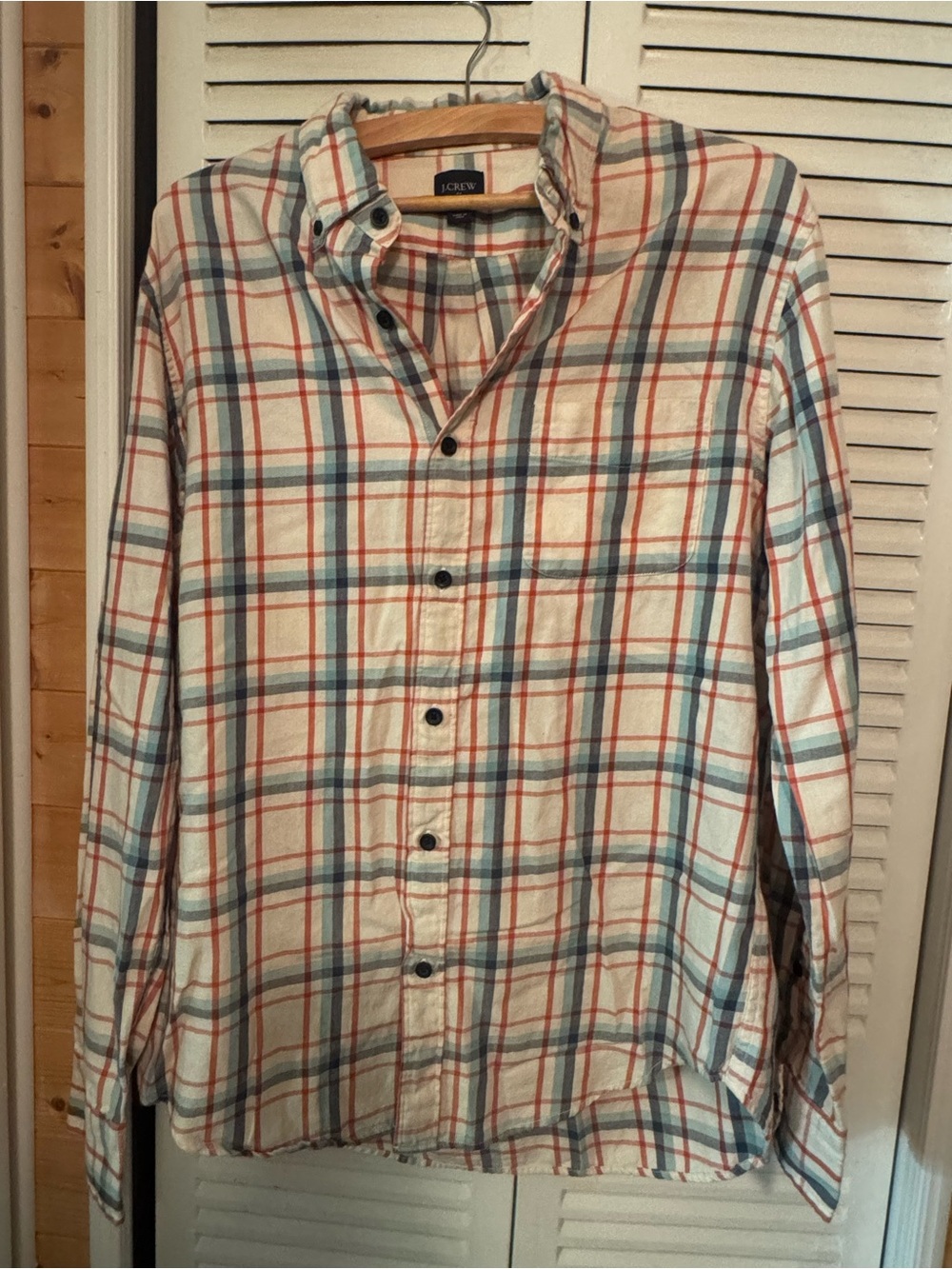 J. Crew Cream Plaid Button-Down Shirt with Blue and Red Stripes